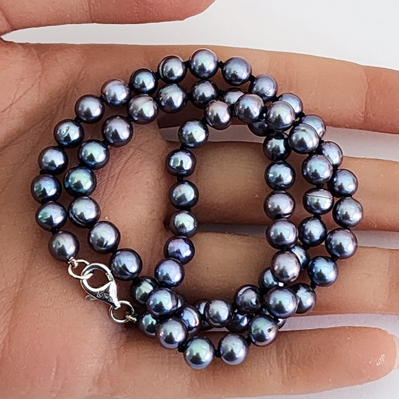 Peacock Blue Pearl Necklace 925 Sterling Silver Clasp Hand Knotted A0039 - Picture 15 of 15